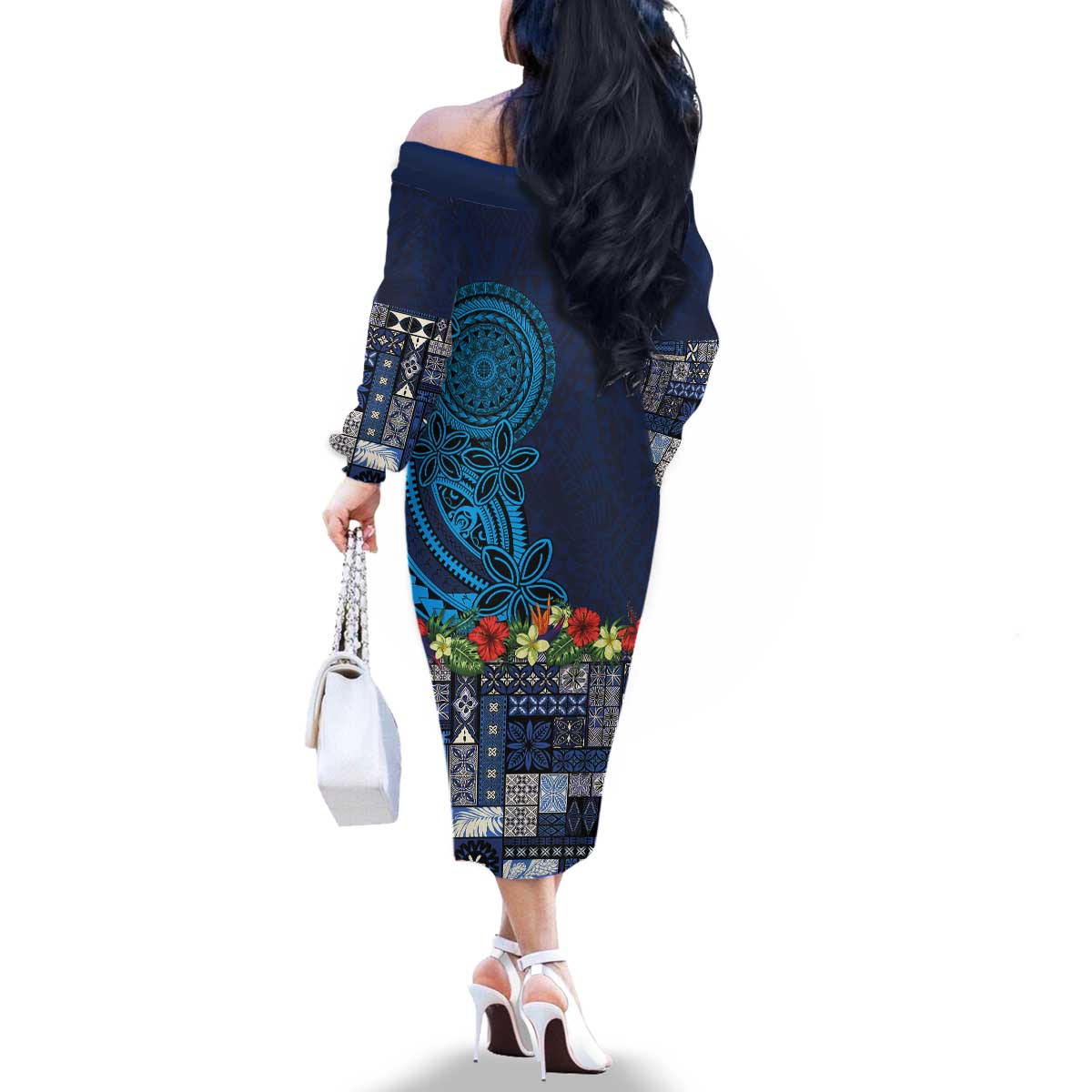 Samoa Siapo Polynesian Art Family Matching Off The Shoulder Long Sleeve Dress and Hawaiian Shirt Tropical Flowers and Tatau Pattern Navy