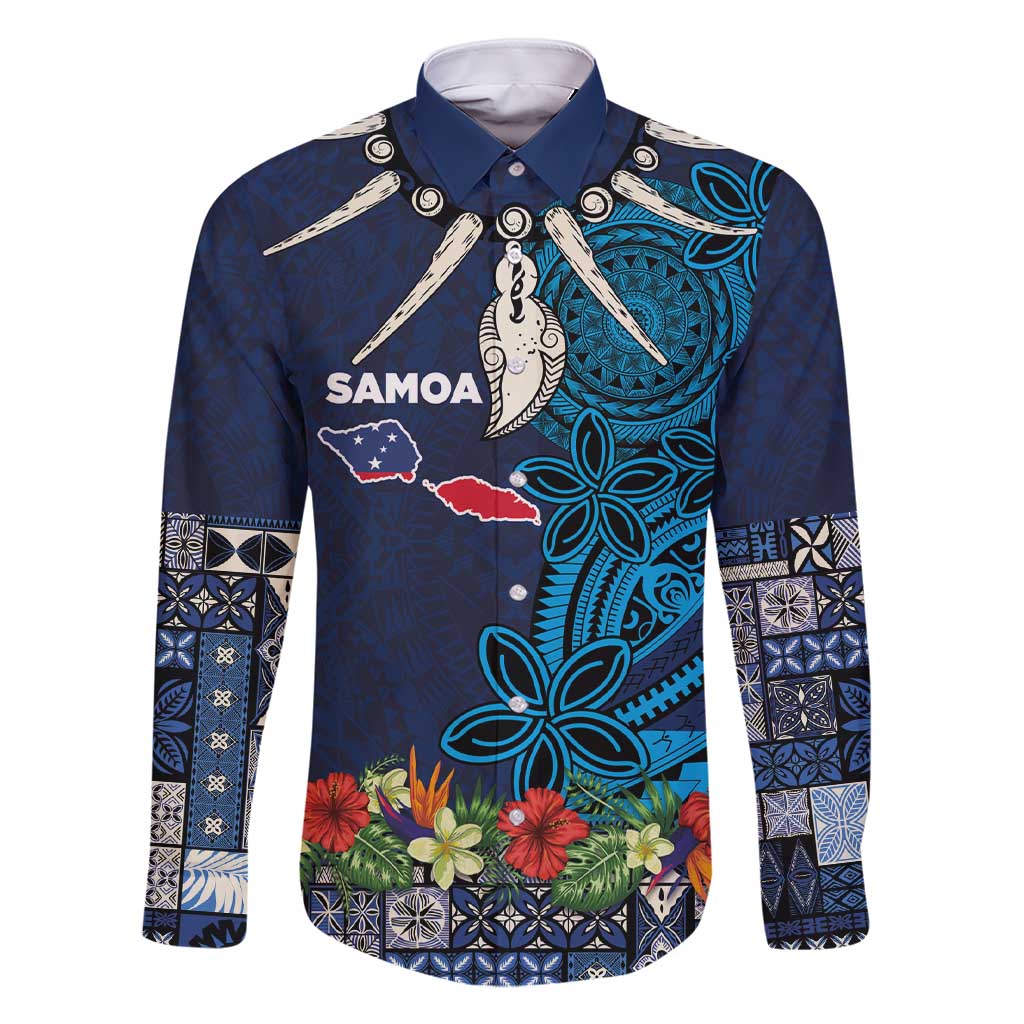 Samoa Siapo Polynesian Art Family Matching Short Sleeve Bodycon Dress and Hawaiian Shirt Tropical Flowers and Tatau Pattern Navy