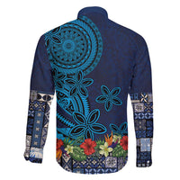 Samoa Siapo Polynesian Art Family Matching Short Sleeve Bodycon Dress and Hawaiian Shirt Tropical Flowers and Tatau Pattern Navy