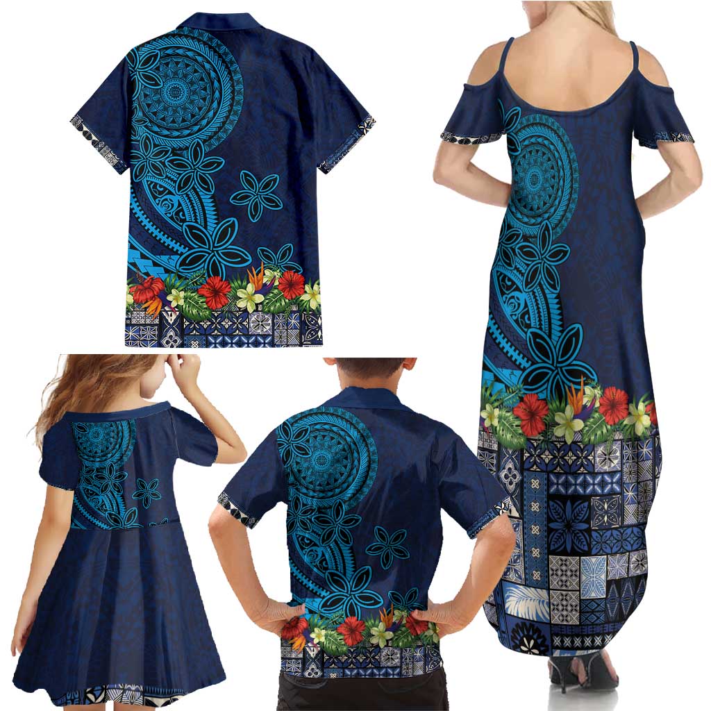 Samoa Siapo Polynesian Art Family Matching Summer Maxi Dress and Hawaiian Shirt Tropical Flowers and Tatau Pattern Navy