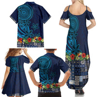Samoa Siapo Polynesian Art Family Matching Summer Maxi Dress and Hawaiian Shirt Tropical Flowers and Tatau Pattern Navy