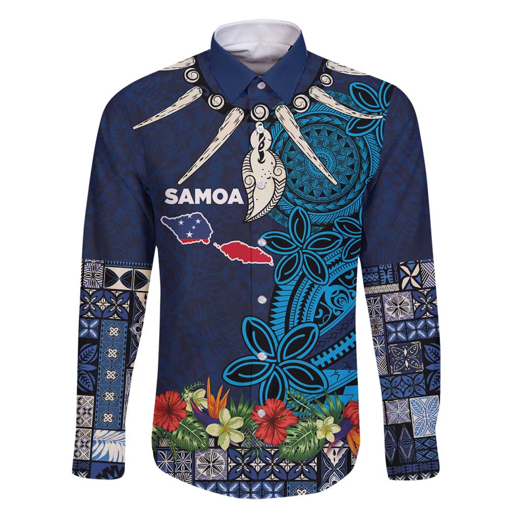 Samoa Siapo Polynesian Art Family Matching Summer Maxi Dress and Hawaiian Shirt Tropical Flowers and Tatau Pattern Navy