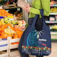 Samoa Siapo Polynesian Art Grocery Bag Tropical Flowers and Tatau Pattern Navy