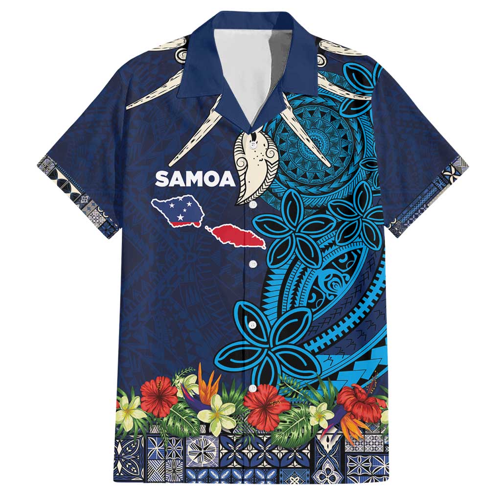 Samoa Siapo Polynesian Art Hawaiian Shirt Tropical Flowers and Tatau Pattern Navy