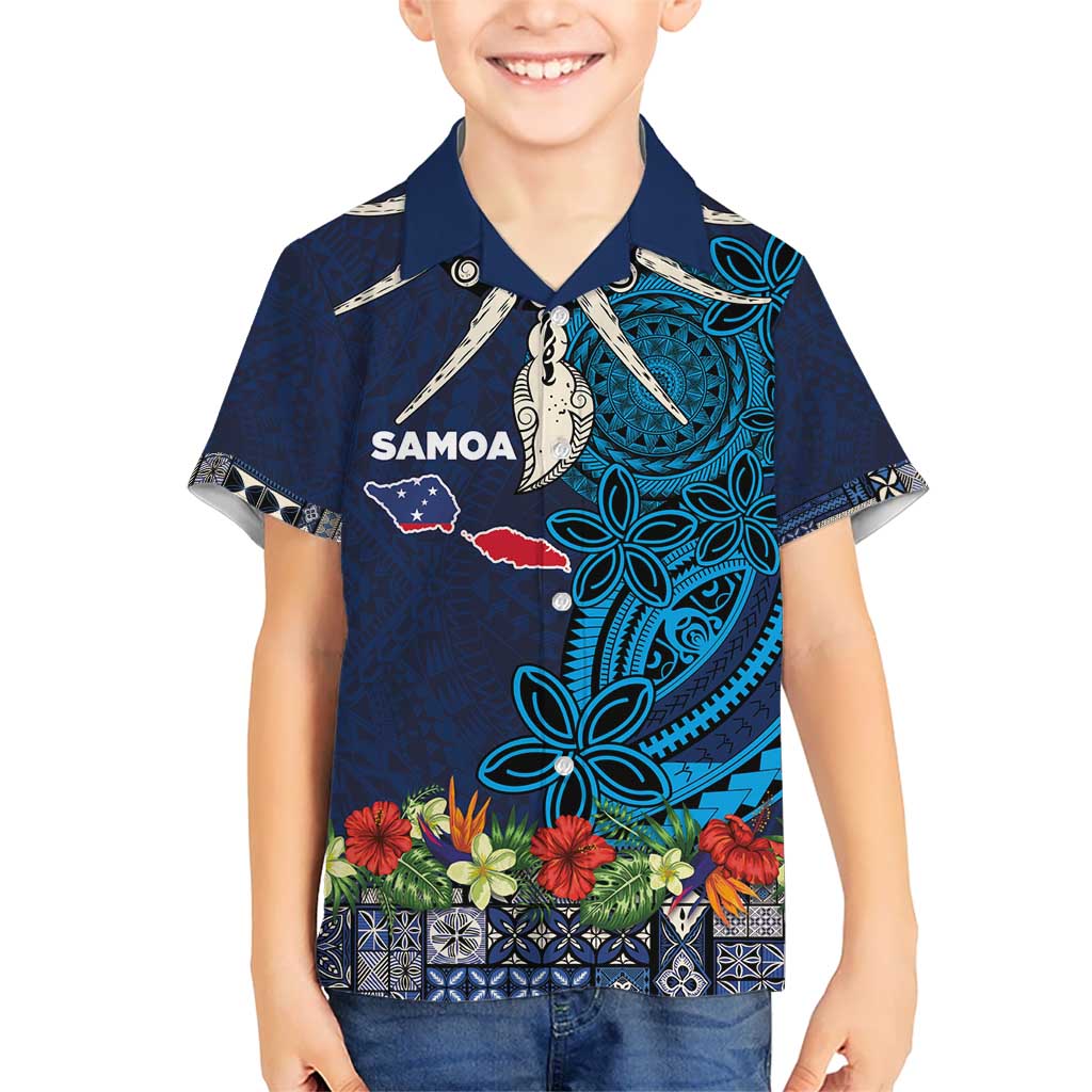 Samoa Siapo Polynesian Art Hawaiian Shirt Tropical Flowers and Tatau Pattern Navy