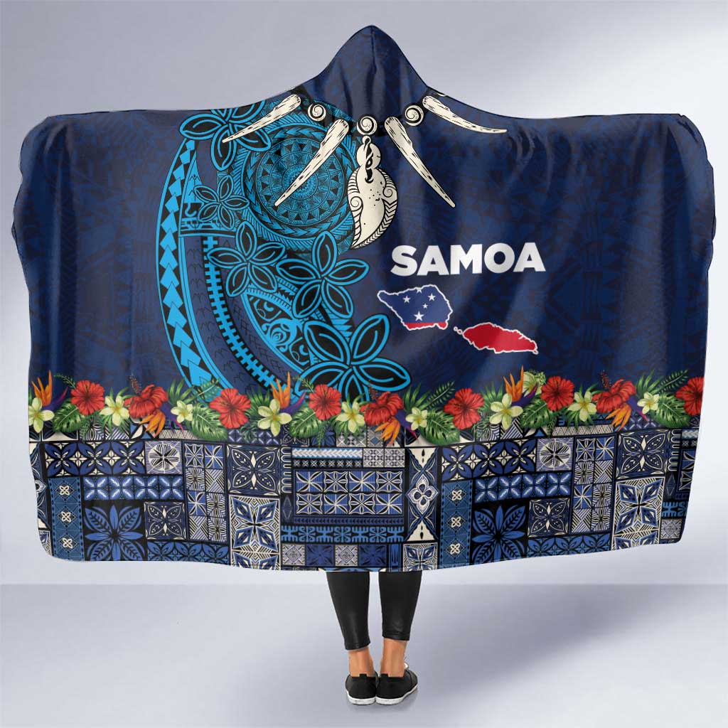 Samoa Siapo Polynesian Art Hooded Blanket Tropical Flowers and Tatau Pattern Navy