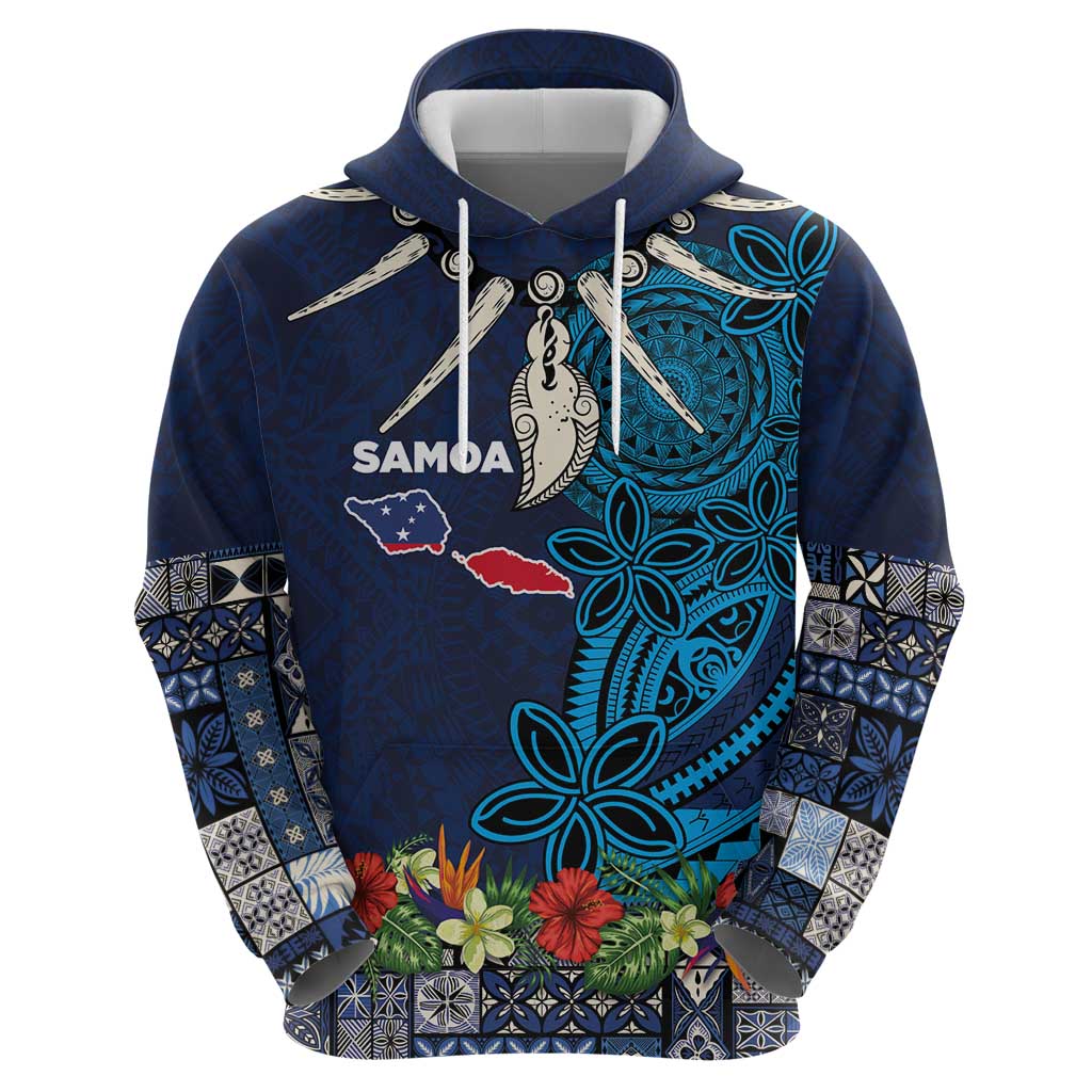 Samoa Siapo Polynesian Art Hoodie Tropical Flowers and Tatau Pattern Navy