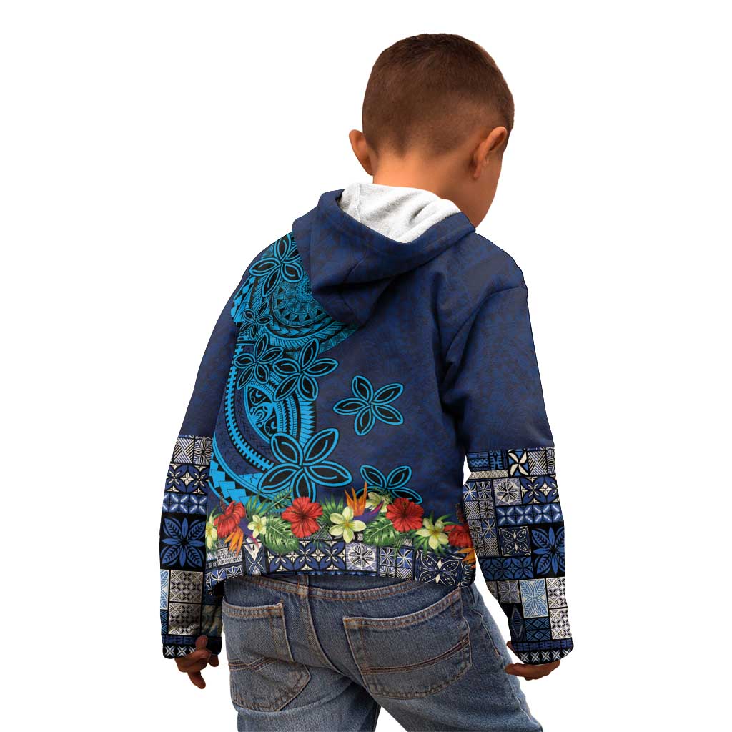 Samoa Siapo Polynesian Art Kid Hoodie Tropical Flowers and Tatau Pattern Navy