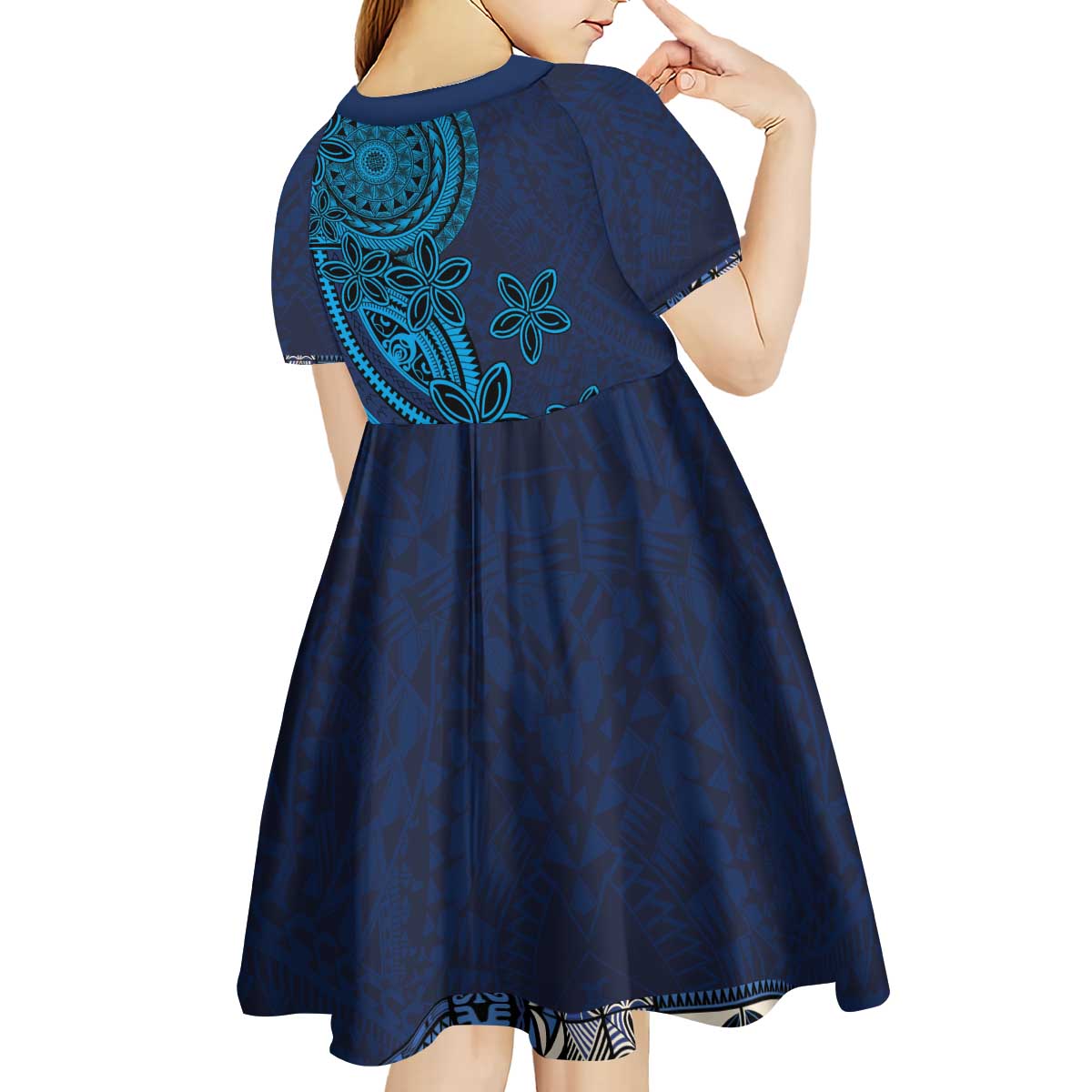 Samoa Siapo Polynesian Art Kid Short Sleeve Dress Tropical Flowers and Tatau Pattern Navy