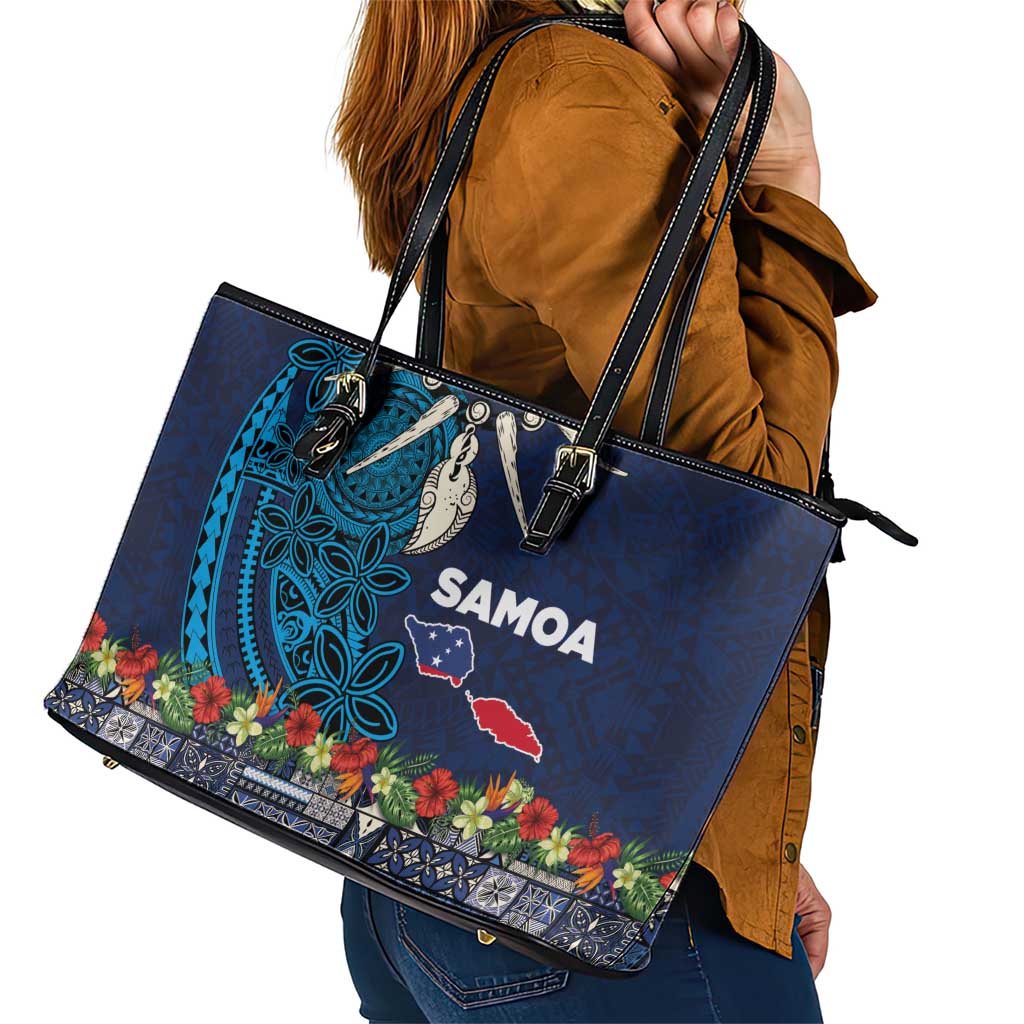 Samoa Siapo Polynesian Art Leather Tote Bag Tropical Flowers and Tatau Pattern Navy