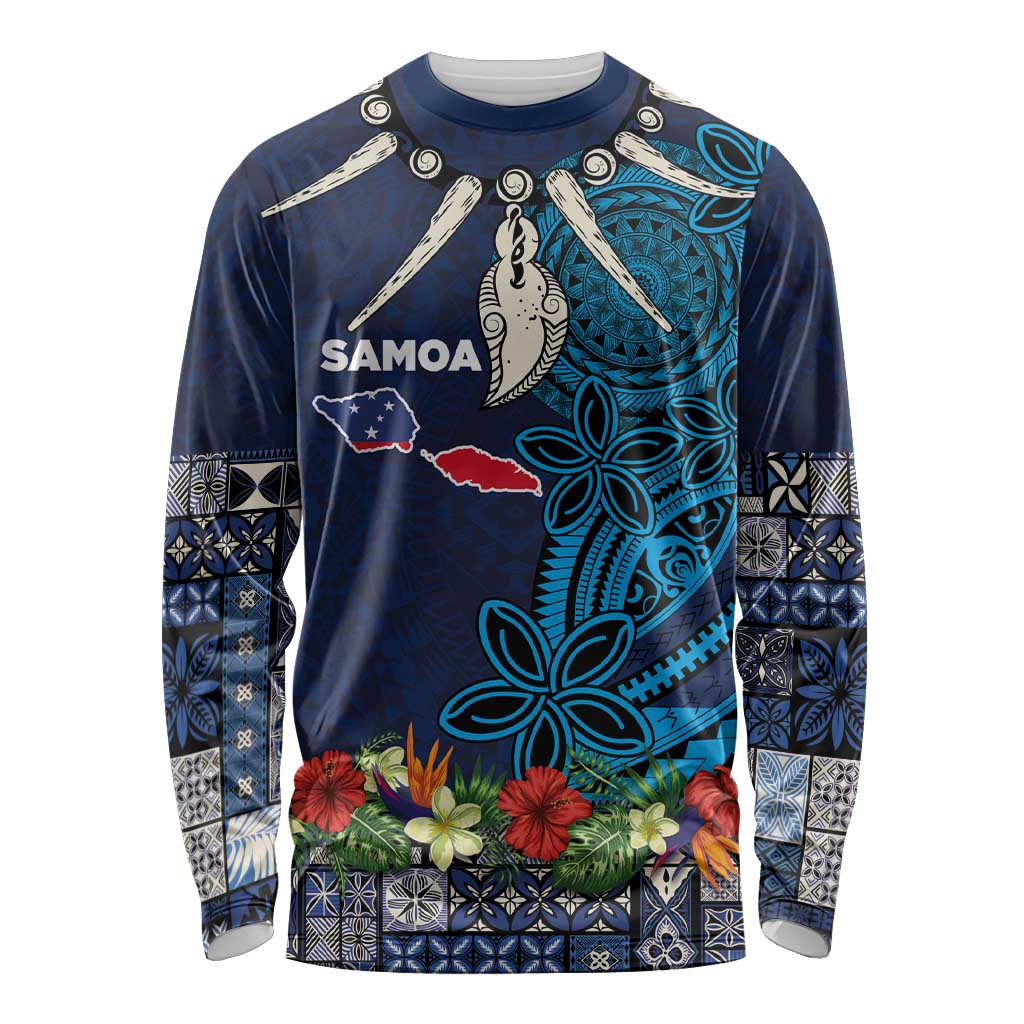 Samoa Siapo Polynesian Art Long Sleeve Shirt Tropical Flowers and Tatau Pattern Navy