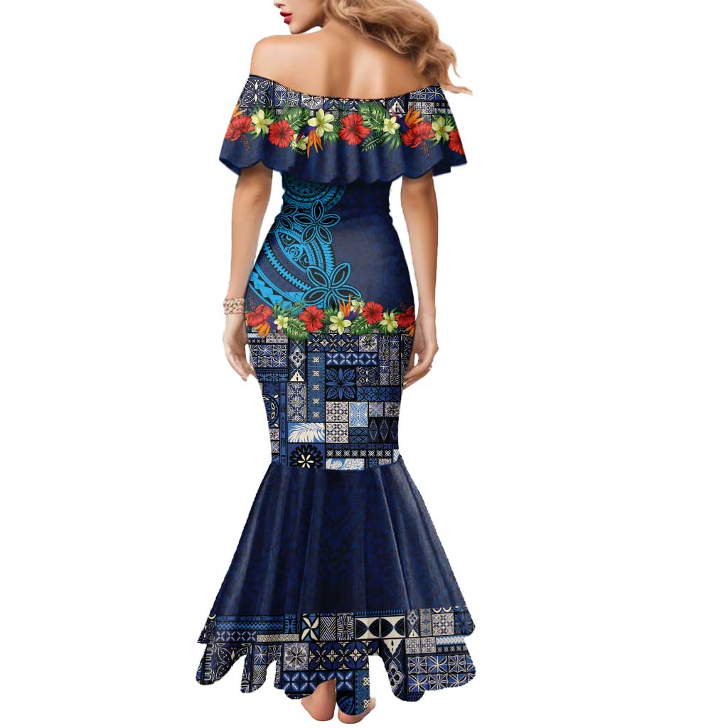 Samoa Siapo Polynesian Art Mermaid Dress Tropical Flowers and Tatau Pattern Navy