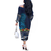 Samoa Siapo Polynesian Art Off The Shoulder Long Sleeve Dress Tropical Flowers and Tatau Pattern Navy