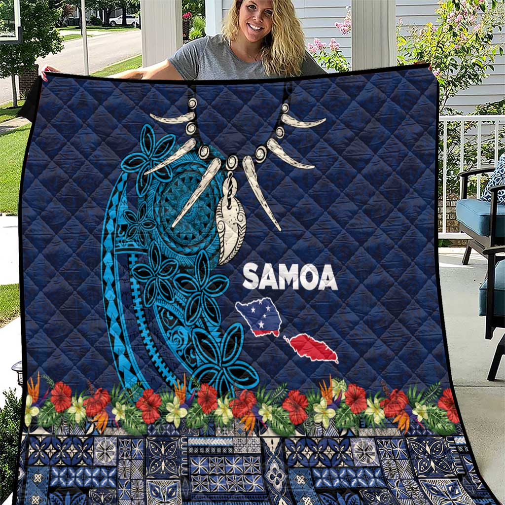 Samoa Siapo Polynesian Art Quilt Tropical Flowers and Tatau Pattern Navy