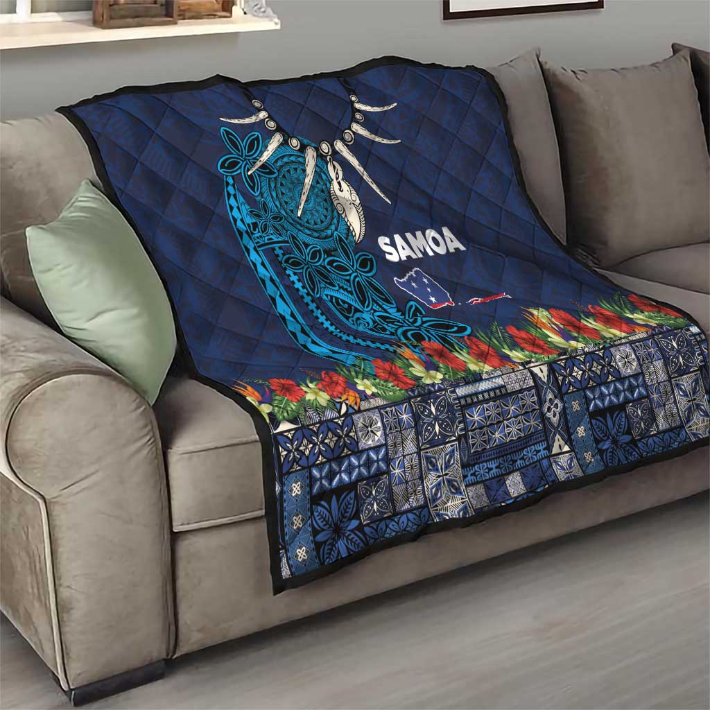 Samoa Siapo Polynesian Art Quilt Tropical Flowers and Tatau Pattern Navy