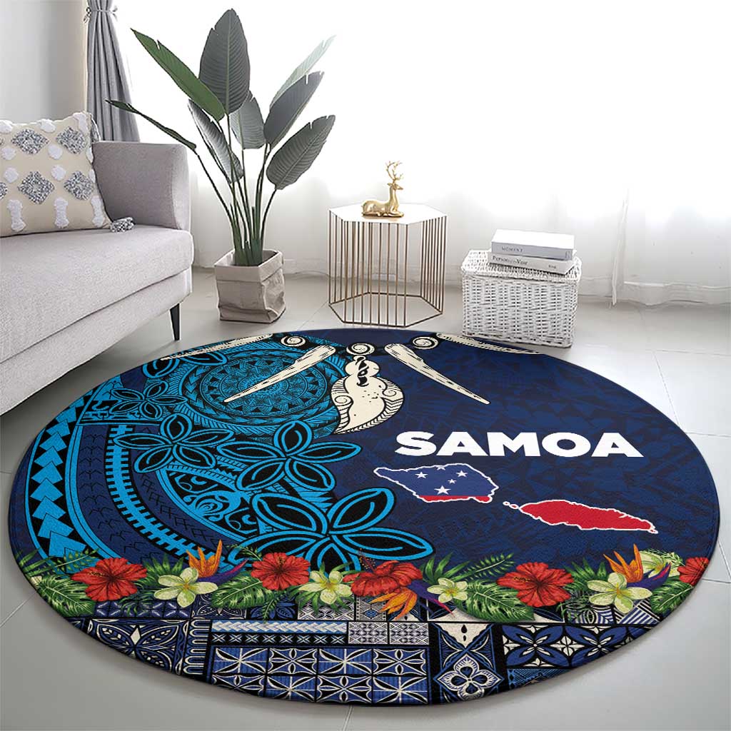 Samoa Siapo Polynesian Art Round Carpet Tropical Flowers and Tatau Pattern Navy