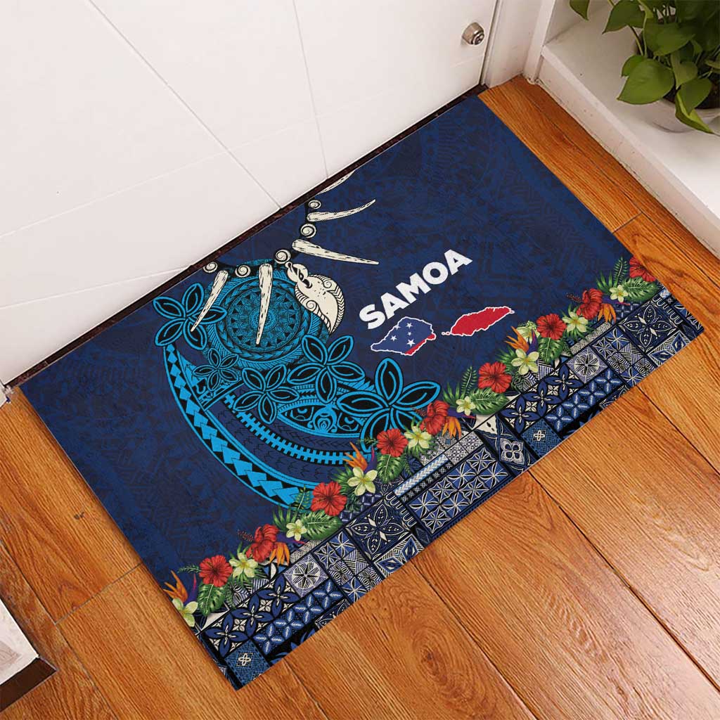 Samoa Siapo Polynesian Art Rubber Doormat Tropical Flowers and Tatau Pattern Navy