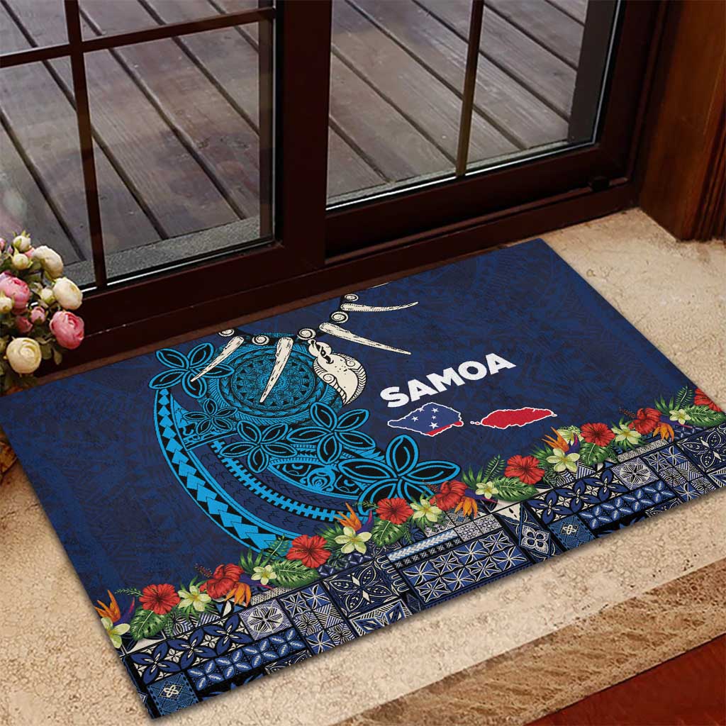 Samoa Siapo Polynesian Art Rubber Doormat Tropical Flowers and Tatau Pattern Navy