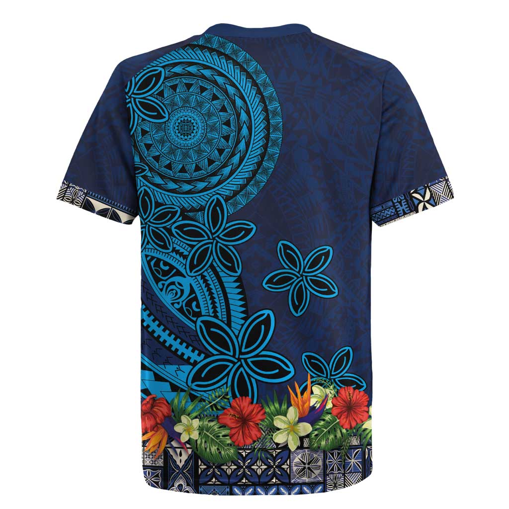 Samoa Siapo Polynesian Art Rugby Jersey Tropical Flowers and Tatau Pattern Navy