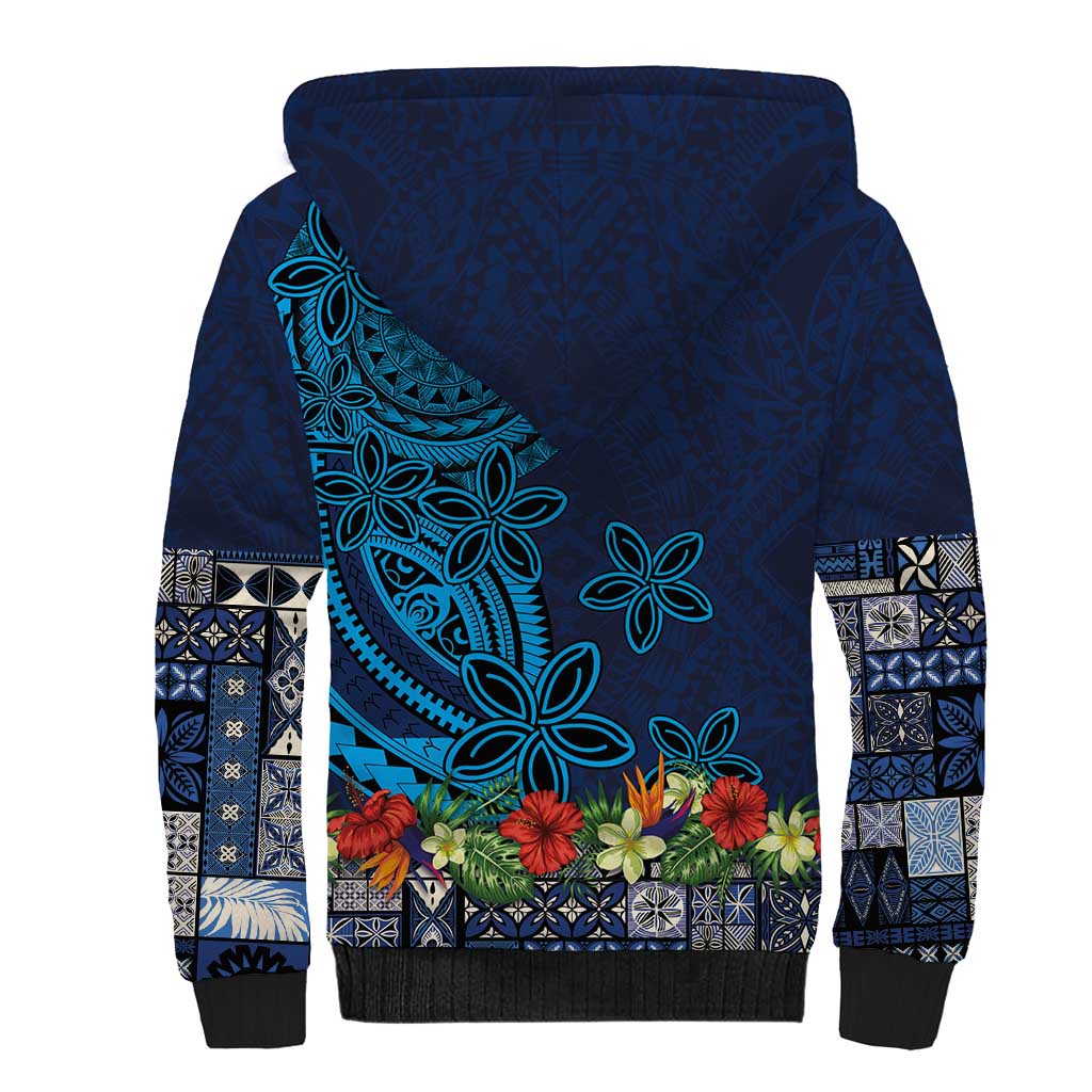 Samoa Siapo Polynesian Art Sherpa Hoodie Tropical Flowers and Tatau Pattern Navy