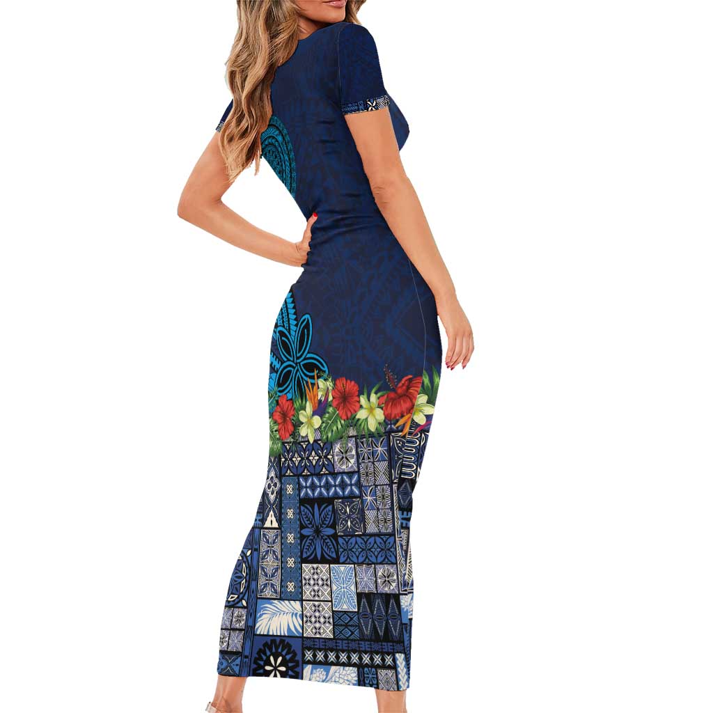 Samoa Siapo Polynesian Art Short Sleeve Bodycon Dress Tropical Flowers and Tatau Pattern Navy