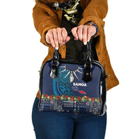 Samoa Siapo Polynesian Art Shoulder Handbag Tropical Flowers and Tatau Pattern Navy