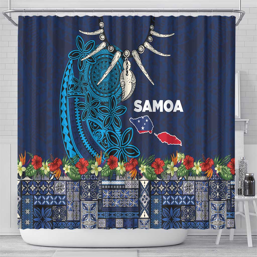 Samoa Siapo Polynesian Art Shower Curtain Tropical Flowers and Tatau Pattern Navy