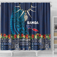 Samoa Siapo Polynesian Art Shower Curtain Tropical Flowers and Tatau Pattern Navy
