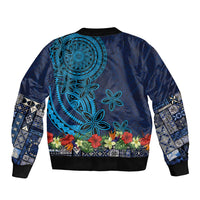 Samoa Siapo Polynesian Art Sleeve Zip Bomber Jacket Tropical Flowers and Tatau Pattern Navy