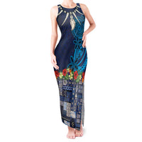 Samoa Siapo Polynesian Art Tank Maxi Dress Tropical Flowers and Tatau Pattern Navy