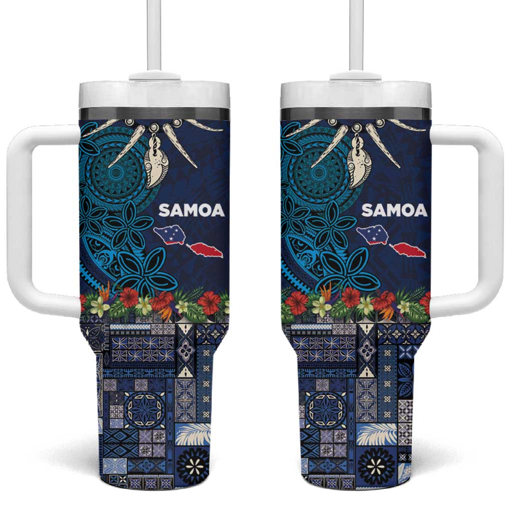 Samoa Siapo Polynesian Art Tumbler With Handle Tropical Flowers and Tatau Pattern Navy LT03 One Size: 40 oz Navy - Polynesian Pride
