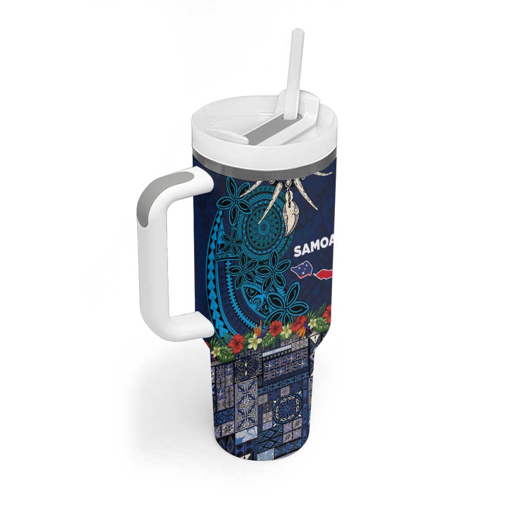 Samoa Siapo Polynesian Art Tumbler With Handle Tropical Flowers and Tatau Pattern Navy LT03 - Polynesian Pride
