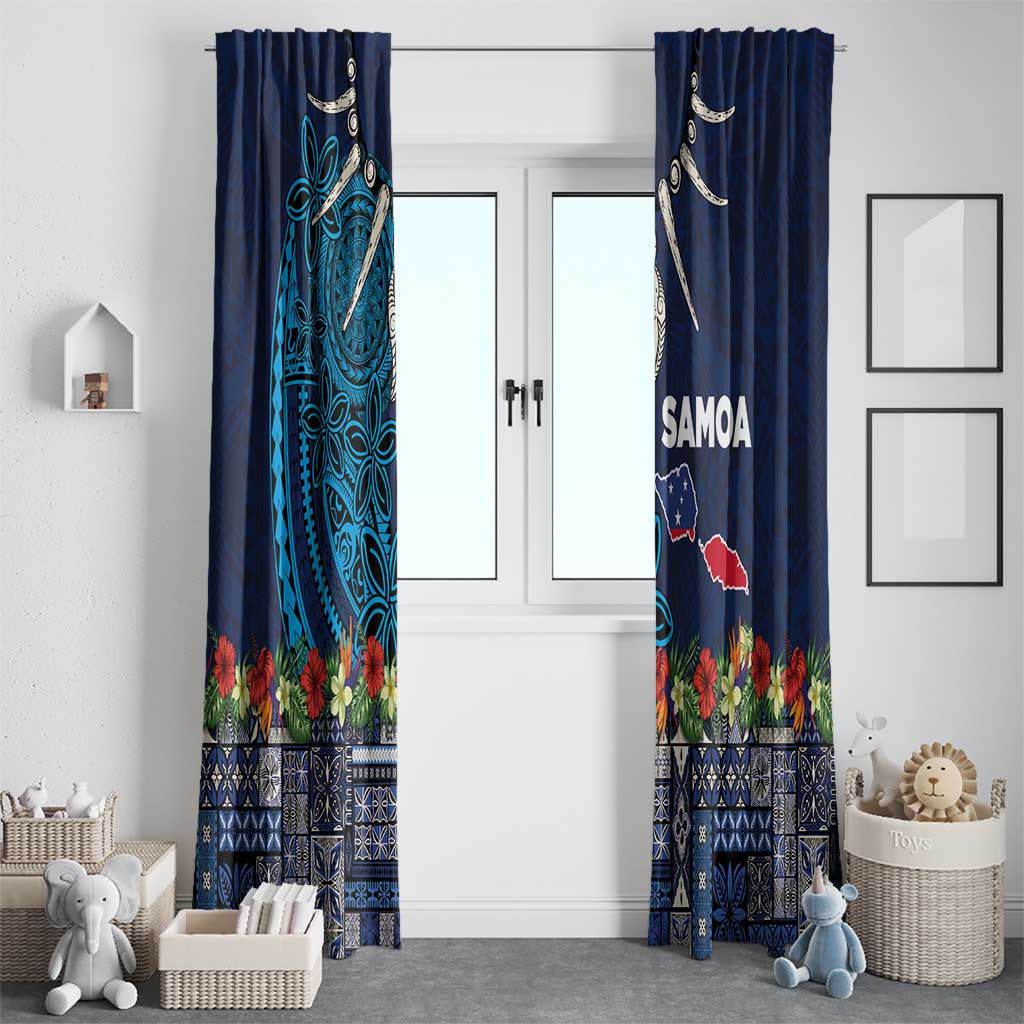 Samoa Siapo Polynesian Art Window Curtain Tropical Flowers and Tatau Pattern Navy