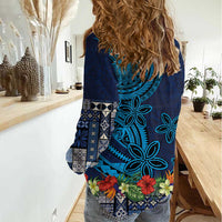 Samoa Siapo Polynesian Art Women Casual Shirt Tropical Flowers and Tatau Pattern Navy