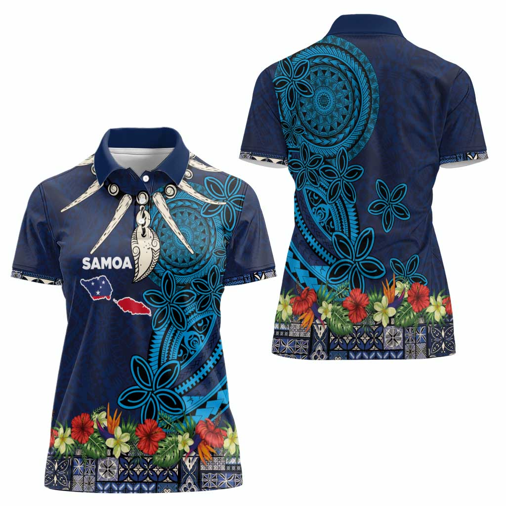 Samoa Siapo Polynesian Art Women Polo Shirt Tropical Flowers and Tatau Pattern Navy