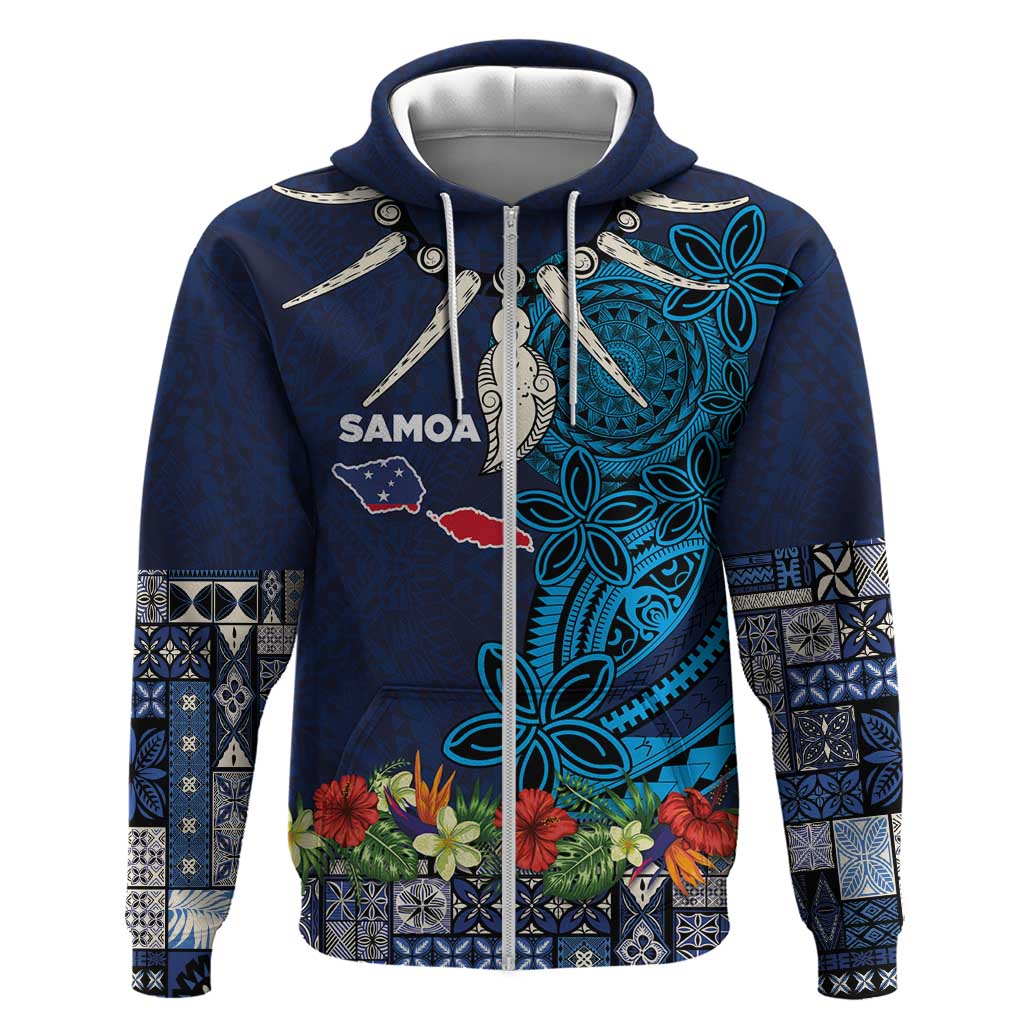 Samoa Siapo Polynesian Art Zip Hoodie Tropical Flowers and Tatau Pattern Navy