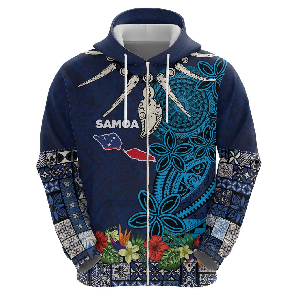 Samoa Siapo Polynesian Art Zip Hoodie Tropical Flowers and Tatau Pattern Navy