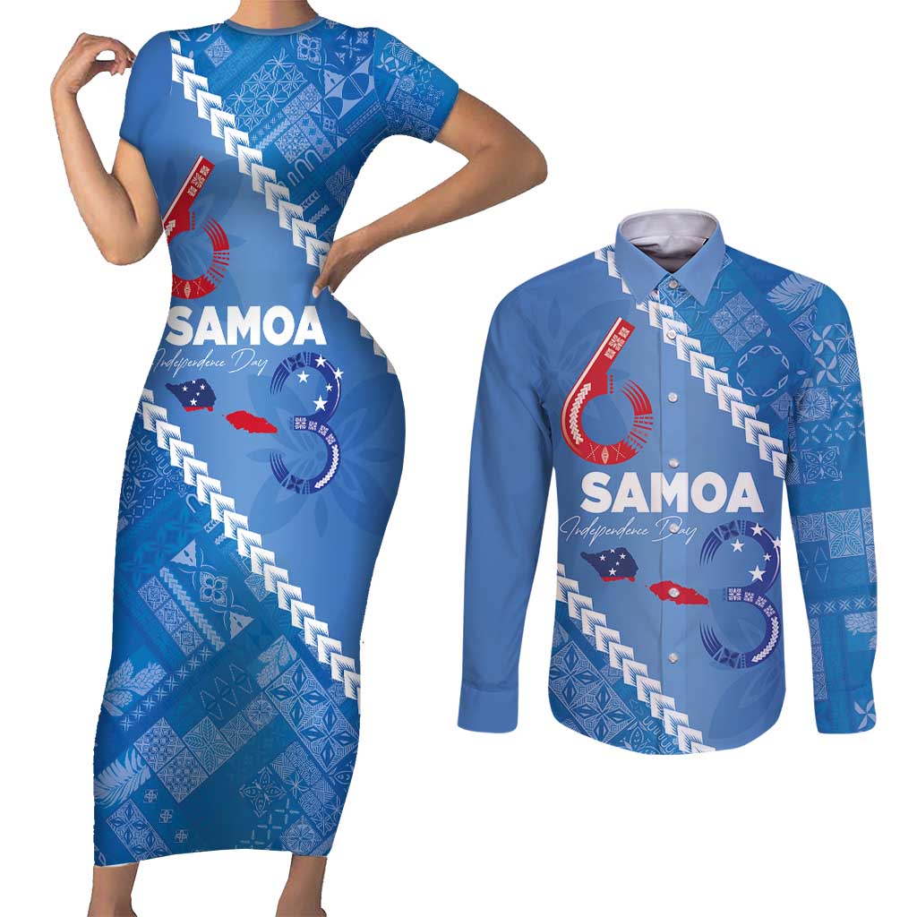 Samoa Independence Day Couples Matching Short Sleeve Bodycon Dress and Long Sleeve Button Shirt Anniversary 63th-Siapo Art