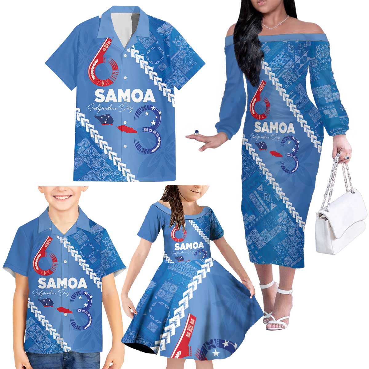 Samoa Independence Day Family Matching Off The Shoulder Long Sleeve Dress and Hawaiian Shirt Anniversary 63th-Siapo Art