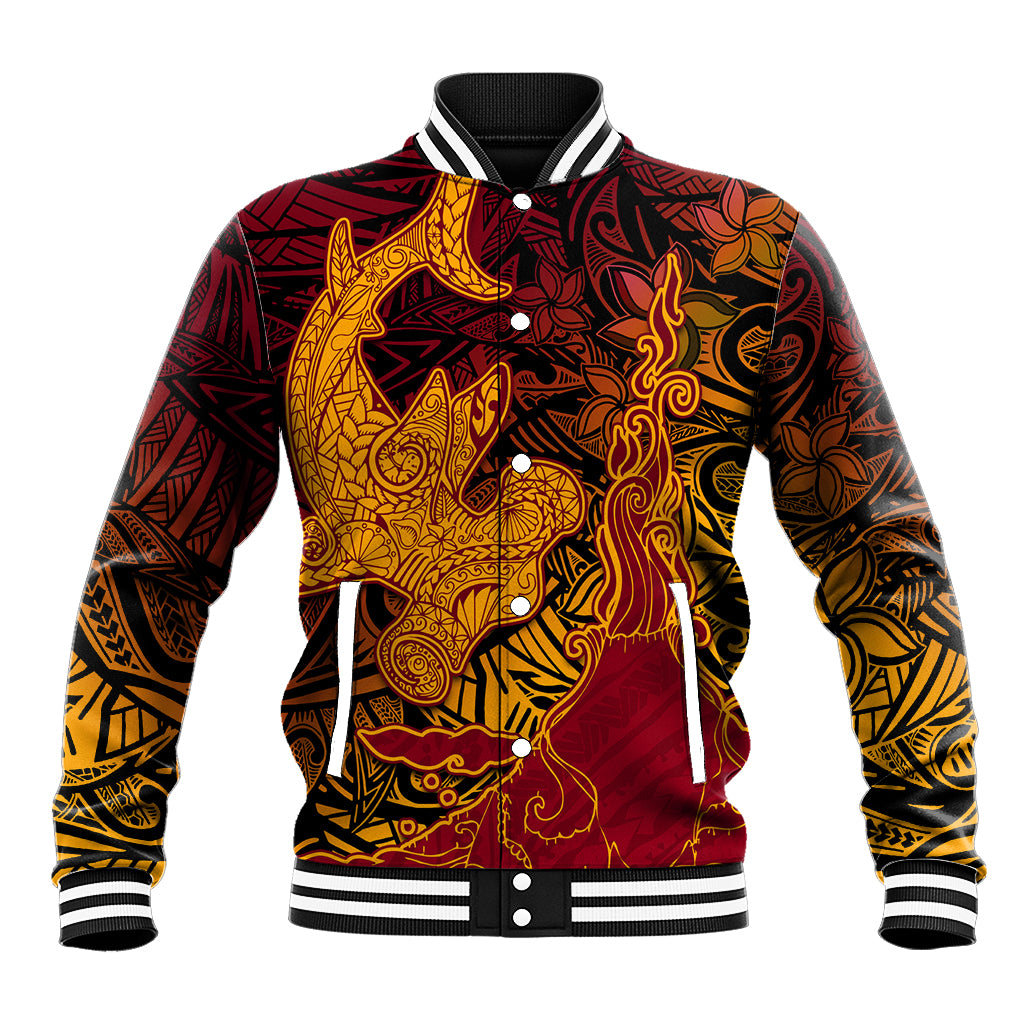 Hawaiian Volcano and Shark Baseball Jacket Polynesian and Hibiscus Pattern Lava Color LT03 Unisex Red - Polynesian Pride