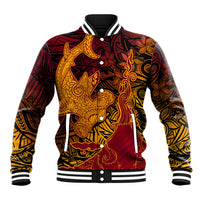 Hawaiian Volcano and Shark Baseball Jacket Polynesian and Hibiscus Pattern Lava Color LT03 Unisex Red - Polynesian Pride