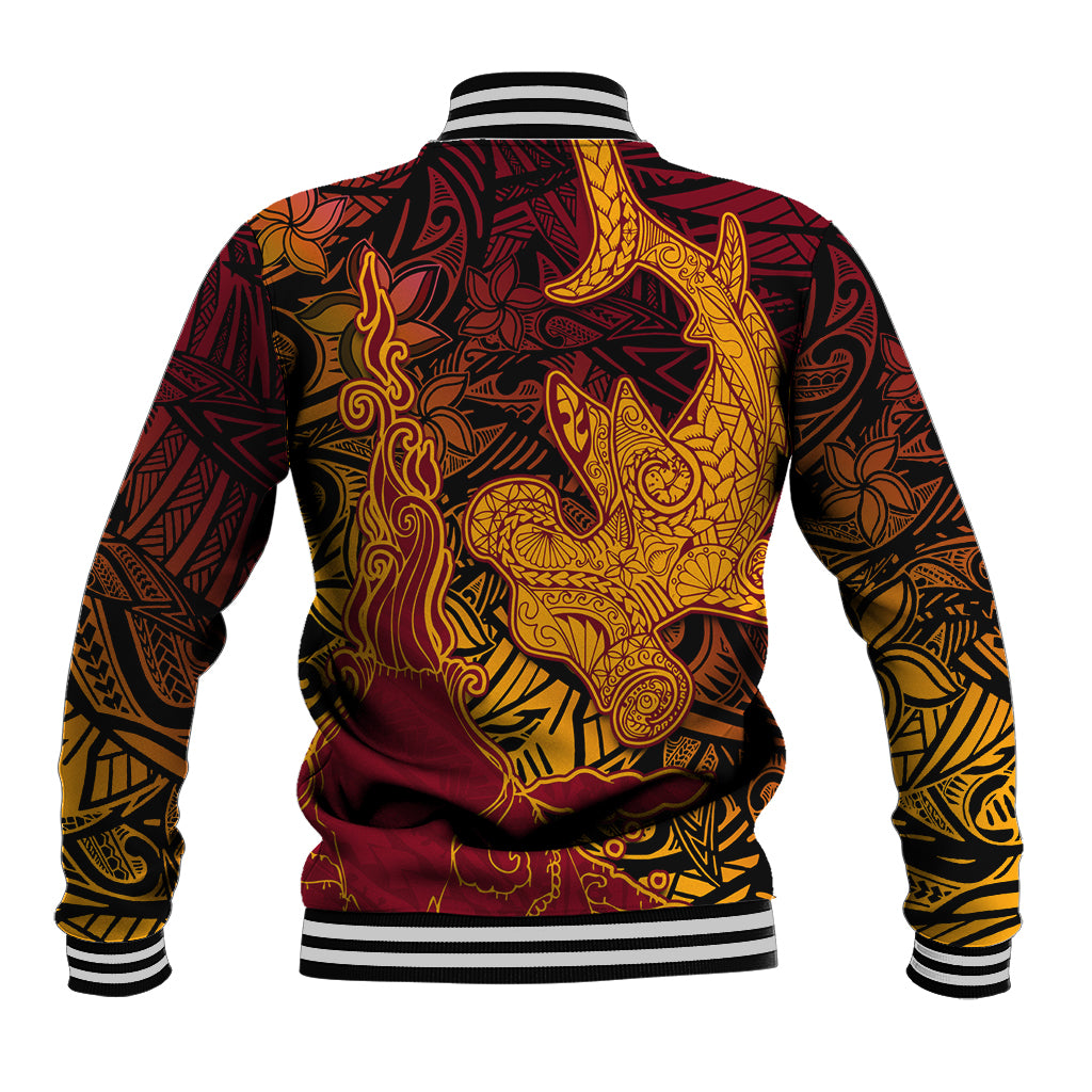 Hawaiian Volcano and Shark Baseball Jacket Polynesian and Hibiscus Pattern Lava Color LT03 - Polynesian Pride