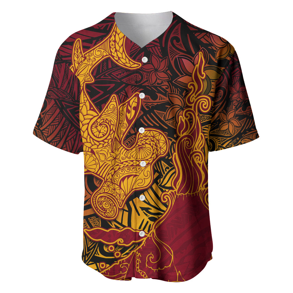 Hawaiian Volcano and Shark Baseball Jersey Polynesian and Hibiscus Pattern Lava Color LT03 Red - Polynesian Pride