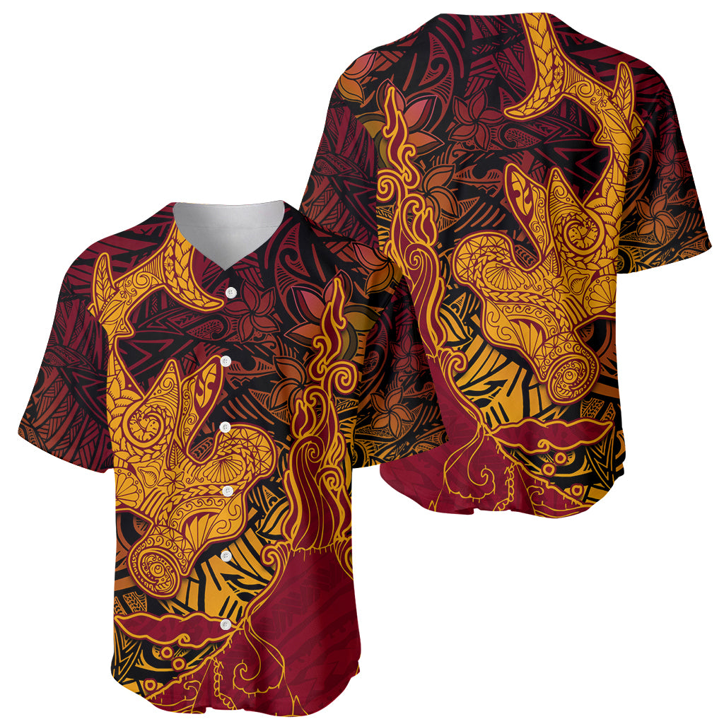 Hawaiian Volcano and Shark Baseball Jersey Polynesian and Hibiscus Pattern Lava Color LT03 - Polynesian Pride