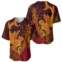 Hawaiian Volcano and Shark Baseball Jersey Polynesian and Hibiscus Pattern Lava Color LT03 - Polynesian Pride