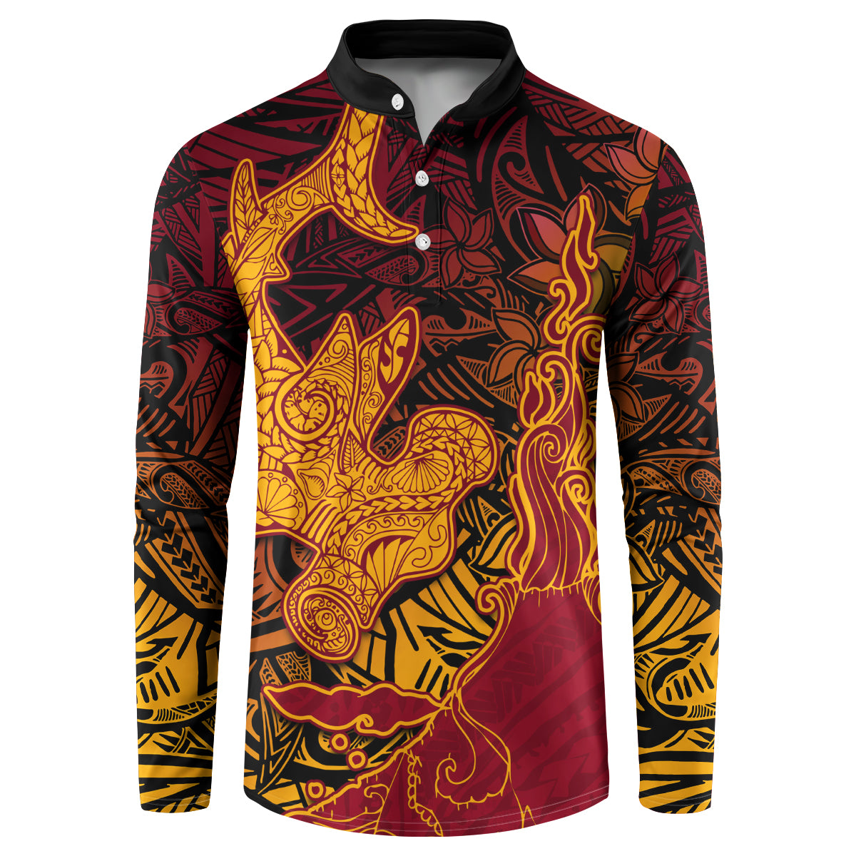 Hawaiian Volcano and Shark Button Sweatshirt Polynesian and Hibiscus Pattern Lava Color LT03 Red - Polynesian Pride