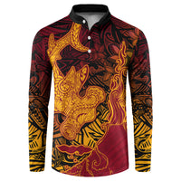 Hawaiian Volcano and Shark Button Sweatshirt Polynesian and Hibiscus Pattern Lava Color LT03 Red - Polynesian Pride