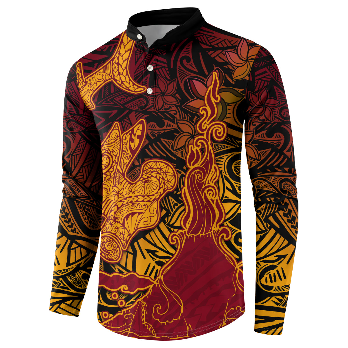 Hawaiian Volcano and Shark Button Sweatshirt Polynesian and Hibiscus Pattern Lava Color LT03 - Polynesian Pride