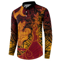 Hawaiian Volcano and Shark Button Sweatshirt Polynesian and Hibiscus Pattern Lava Color LT03 - Polynesian Pride