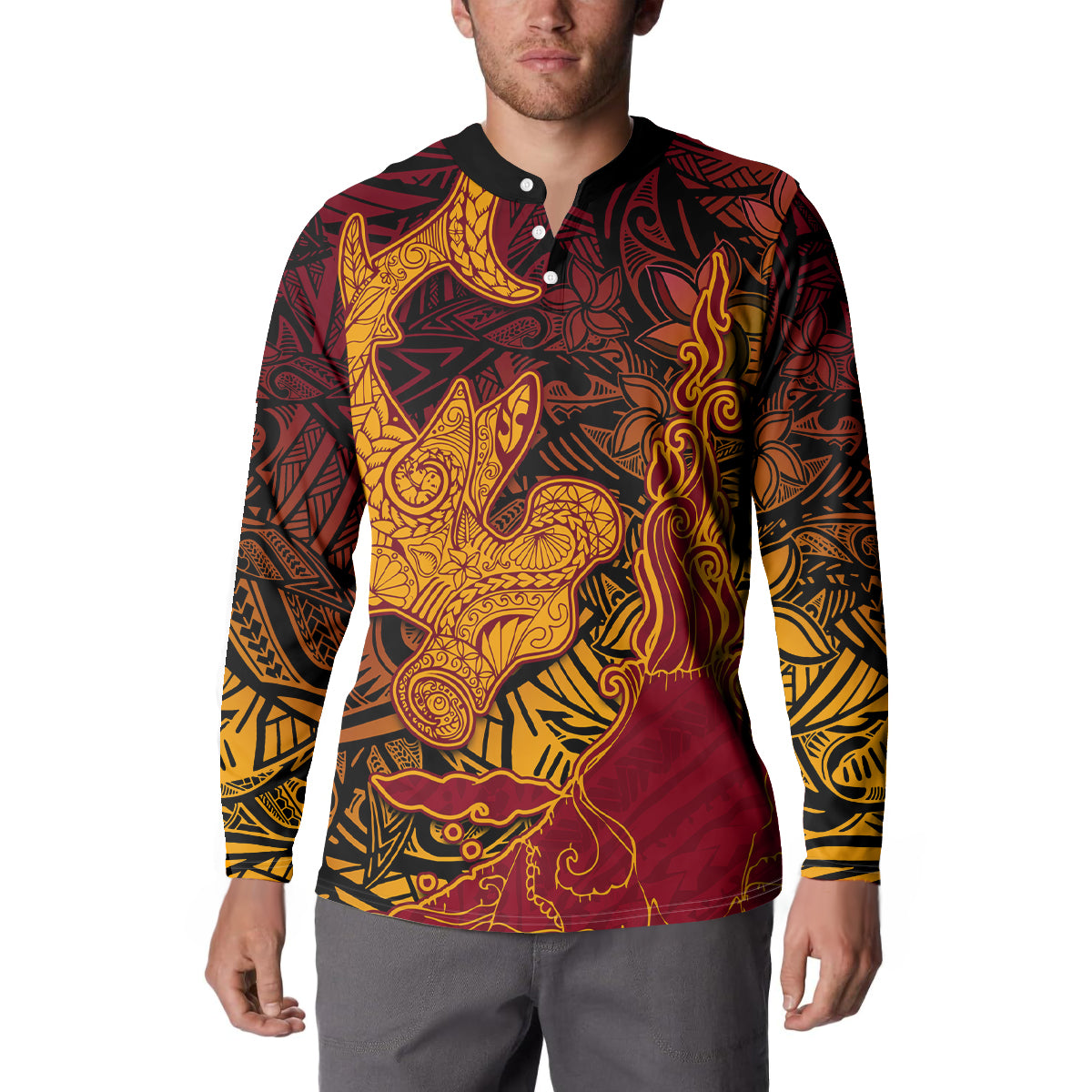 Hawaiian Volcano and Shark Button Sweatshirt Polynesian and Hibiscus Pattern Lava Color LT03 - Polynesian Pride